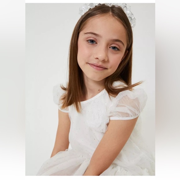 MonnaLisa Tulle dress gown spire flounces golden dots gold sequins cream formal - Picture 4 of 17